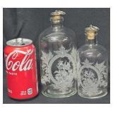 Set of 2 Vintage Shafford Etched Glass Apothecary Bottles. 6.5" and 5.5" Matches Lot 159
