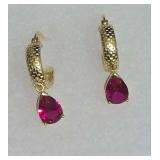 Gold-Tone Textured Hoop Earrings with Dangling Pear-Cut Red Gemstone Teardrops