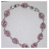 Elegant Silver-Plated Teardrop Tennis Bracelet With Extension Link Adorned with Vibrant Pink Cubic Zirconia Crystals