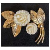 Vintage Mid-Century Carved Celluloid Rose Bouquet Brooch,  Crafted with a 12kt Gold-Filled (GF) Metal Base