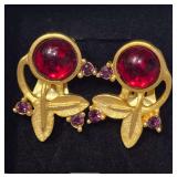 Vintage Georgiou Clip-On, Gold Tone, Matte Finish Earrings, Accented with Large Ruby-Red Glass Cabochons