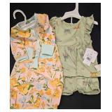 New With Tags; These Adorable Baby Girl Outfits Feature a Pink and Yellow Floral Long-Sleeve Sleep Gown (6m) and a Sage Green Disney Character Print Top and Shorts Set (12m)