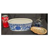 Porcelain Footbath or Planter Decorated in a Traditional Chinoiserie Floral Pattern, Natural Abalone Shell Trinket Dish and Blue Art Glass Fish Sculpture Believed to be Murano. Please Compare Last Pic
