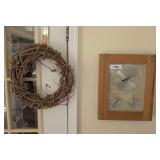 VINTAGE AIRGUIDE WALL BAROMETER, THERMOMETER, AND HYGROMETER INSTRUMENT IN WOODEN FRAME PLUS PRIMITIVE WREATH WITH DOOR HANGER