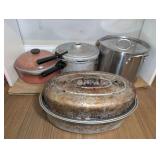 LARGE ROASTING PAN, PRESTO PRESSURE COOKER, LOBSTER POT, AND VINTAGE CLUB STOCK POT IN FLOOR AREA MARKED 1201