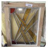 VINTAGE STAINED GLASS WINDOW PANEL WITH ABSTRACT GEOMETRIC DESIGN IN WOOD FRAME