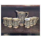 VINTAGE CERAMIC PITCHER AND MUG SET, SEVEN PIECES