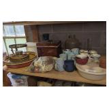 ALL ITEMS ON MIDDLE SHELF MARKED 3023 INCLUDING CORNING MUGS, PFALTZGRAFF MUG, VINTAGE NAPKIN RINGS, VINTAGE ICE BUCKET, STONEWARE FONDUE SERVING SET, AND MORE