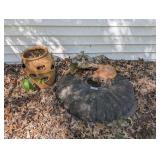 DRIFTWOOD, TERRACOTTA PLANTERS, AND WATER FOUNTAIN BOWL