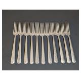 11 VINTAGE TOWLE STERLING SILVER RAMBLER ROSE PATTERN DINNER FORKS, APPROXIMATELY 512 G TOTAL WEIGHT