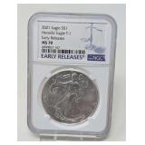 2021 EAGLE, HERALDIC EAGLE T-1 EARLY RELEASES SILVER DOLLAR COIN, NGC GRADED MS70