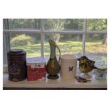 DECORATIVE TINS, PITCHER MOTIF DRIP GLAZED POTTERY VASE MARKED USA, ART GLASS BIRDS, AND MORE