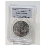 1999- P DOLLEY MADISON SILVER DOLLAR COIN, PCGS GRADED MS69