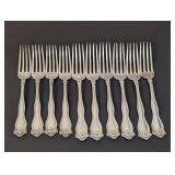 10 VINTAGE STERLING SILVER FORKS, BELIEVED TO BE WINCHESTER PATTERN BY INTERNATIONAL, APPROXIMATELY 452 G TOTAL WEIGHT