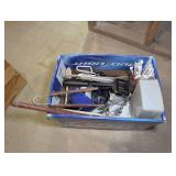 BOX LOT OF KITCHEN UTENSILS, GRILLING UTENSILS, HAND MIXER, FLATWARE KNIVES, AND MORE