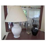 CERAMIC TABLE LAMP WITH PIERCED DESIGN, CANDLESTICKS WITH HURRICANE SHADES, AND BLACK VASE