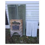 WINDOW SHUTTERS, SAW HORSES, FOUR SETS OF BI-FOLD INTERIOR WINDOW SHUTTERS, AND GLASS PANEL