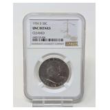 1954- D FRANKLIN HALF DOLLAR COIN, NGC UNC DETAILS CLEANED
