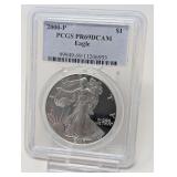 2000- P EAGLE SILVER DOLLAR COIN, PCGS GRADED PR69DCAM