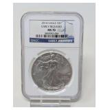 2014 EAGLE SILVER DOLLAR COIN, NGC GRADED MS70