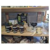 ALL ITEMS ON MIDDLE SHELF SECTION MARKED 2017 INCLUDING VINTAGE SIESTA WARE BEER MUGS, VINTAGE COLORED GLASS BEEHIVE DESIGN TUMBLERS, SLOW COOKER, HOT AIR POPPER WITH ORIGINAL BOX, AND MORE