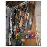 ALL ITEMS HANGING IN SHOP PEGBOARD AREA MARKED 3073 INCLUDING HAND-SAWS, WIRE, LEVELS, STRAP WRENCH, CIRCULAR SAW BLADES, AND MUCH MORE