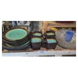 MODERN SQUARE THEME CHINA AND VINTAGE FORMAL GLASS BOWLS ON SHELF MARKED 3033