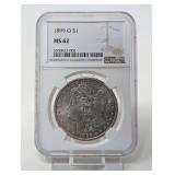 1899- O MORGAN SILVER DOLLAR, NGC GRADED MS62