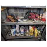 ALL ITEMS ON BOTTOM TWO SHELVES MARKED 3077 INCLUDING DRILL, 90° DRILL HEAD, SKIL BRAND BELT SANDER, POWERSHOT STAPLER, SHOP AUTO CLEANING SUPPLIES, AND MORE