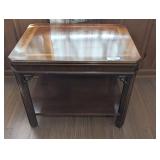 WOOD SIDE TABLE WITH LOWER SHELF AND INLAID VENEER TOP - BR2