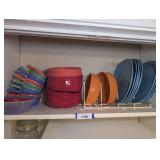 ALL COLORFUL DISHES AND PLATE STAND ON SHELF MARKED 1198
