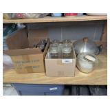ALL ITEMS ON LOW SHELF MARKED 3024 INCLUDING VINTAGE GLASS KITCHEN STORAGE, WOK, VINTAGE SAUSAGE GRINDER, AND MORE