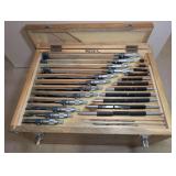 THE LARGEST SINGLE SET OF BLAU COMPONENTS HIGH PRECISION MICROMETERS WE HAVE EVER SEEN RANGING FROM 1 IN TO 12-IN, LOT INCLUDES LARGE CUSTOM WOODEN CASE