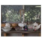 DECORATIVE AND COLLECTIBLE ITEMS ON SHELF SECTION MARKED 3185 INCLUDING FIRE KING SUGAR, FIRE KING FINGER BOWLS, MID-CENTURY ART GLASS ASHTRAY, OLD MILK GLASS FOOTED CANDY DISH, AND MORE