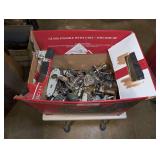 LARGE GROUP OF MODERN, VINTAGE, AND ANTIQUE DOOR LOCK SET HARDWARE, INCLUDES GLASS HANDLES PICTURED AND SHOWER SEAT