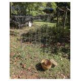 TERRACOTTA PLANTERS, COMPOSITE YARD FROG, AND FOUR TOMATO TRELLISES