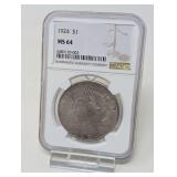 1924 PEACE SILVER DOLLAR COIN, NGC GRADED MS64