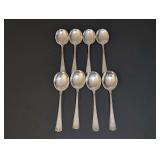 8 VINTAGE STERLING SILVER SOUP SPOONS, BELIEVED TO BE GORHAM ETRUSCAN PATTERN, APPROXIMATELY 266 G TOTAL WEIGHT