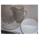 PYREX MILK GLASS DIVIDED SERVING DISH, FORMAL GLASS ROUND DIVIDED DISHES, FORMAL GLASS VEGETABLE BOWL, AND FORMAL GLASS ICED TEA PITCHER