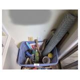 RUBBERMAID STORAGE BIN FILLED WITH ASSORTED GARDENING TOOLS, SUPPLIES, TRICKLE CHARGER, AND MORE