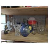 ALL ITEMS ON METAL SHELF MARKED 3022 INCLUDING LEAD CRYSTAL VASE, BOOT VASE, ART GLASS DECOR, AND MORE