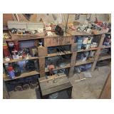 ALL ITEMS ON SHELVING AND AGAINST WALL IN SHOP AREA MARKED 3072 INCLUDING TOOLS, FASTENERS, BENCH VISE, PLUMBING PARTS, PIPES, NETTING, AND MUCH MORE