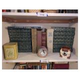 VINTAGE DECORATOR BOOK COLLECTION AND TRINKETS ON SHELF MARKED 1114 - BR2