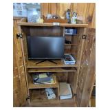 WOODEN ARMOIRE MEDIA CABINET AND COMPUTER DESK WITH STORAGE SHELVES AND ALL CONTENTS - BR2