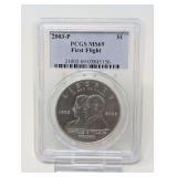 2003- P FIRST FLIGHT SILVER DOLLAR COIN, PCGS GRADED MS69