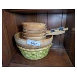 VINTAGE WOODEN SALAD SET AND BASKET IN SHELF SECTION MARKED 1027 - DINE
