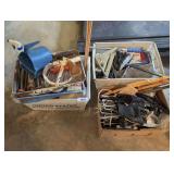 FOUR BOXES OF TOOLS, PAINTING SUPPLIES, HANGING PEGBOARD RACKS, AND MORE