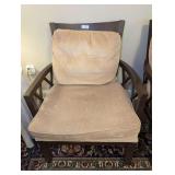 DARK WOOD ARMCHAIR WITH UPHOLSTERED TAN CUSHIONS AND X-BRACE ACCENTS - LIVING
