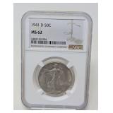 1941- D  WALKING LIBERTY SILVER HALF DOLLAR COIN, NGC GRADED MS62