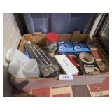 BOX LOT OF HARDWARE, LICENSE PLATE BRACKET, SCREWS, LIGHT FIXTURES, AND TOOLS